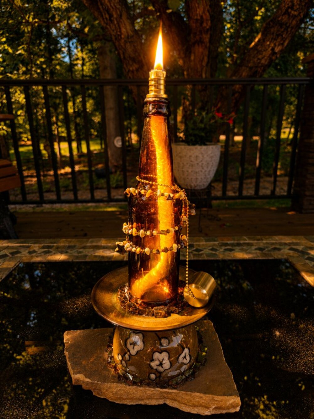 Upcycled Tiki Torch Green Ceramic Fireplace Glass Accents Flagstone Base